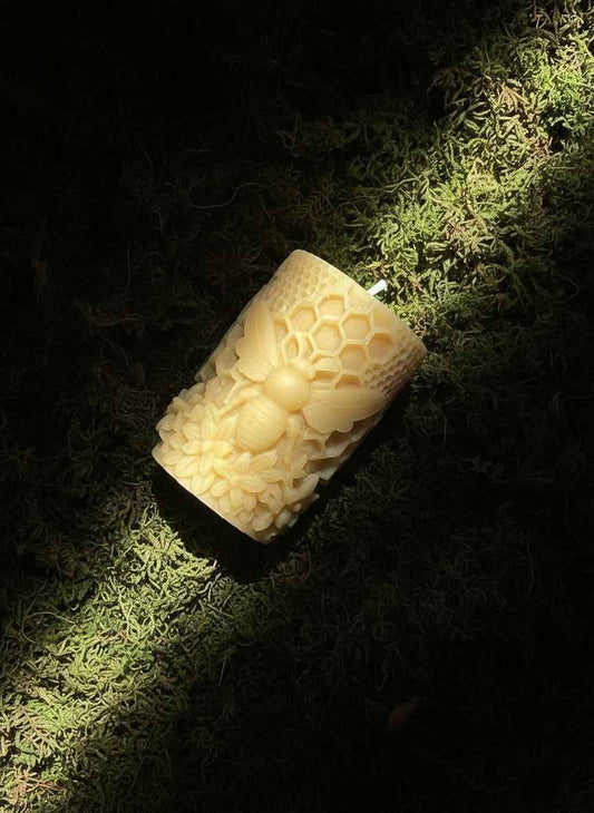Beeswax Pillar Candle. ‘Queen of the Comb’ embossed.