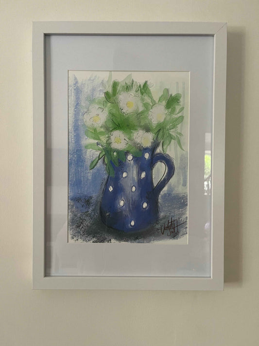 Blue Jug and Daisies Art Print for Charming Home Decor