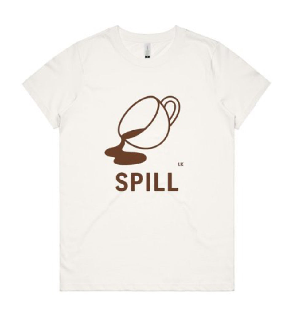White t-shirt with brown graphic and 'SPILL' text on a white background