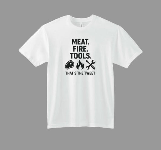 White t-shirt with black text and icons on a white background