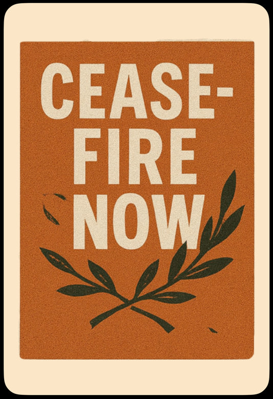 Protest sticker with the slogan ‘Ceasefire Now’ in bold lettering. A clear call for peace and justice, designed by Hive Homewares for activists, allies, and truth-tellers