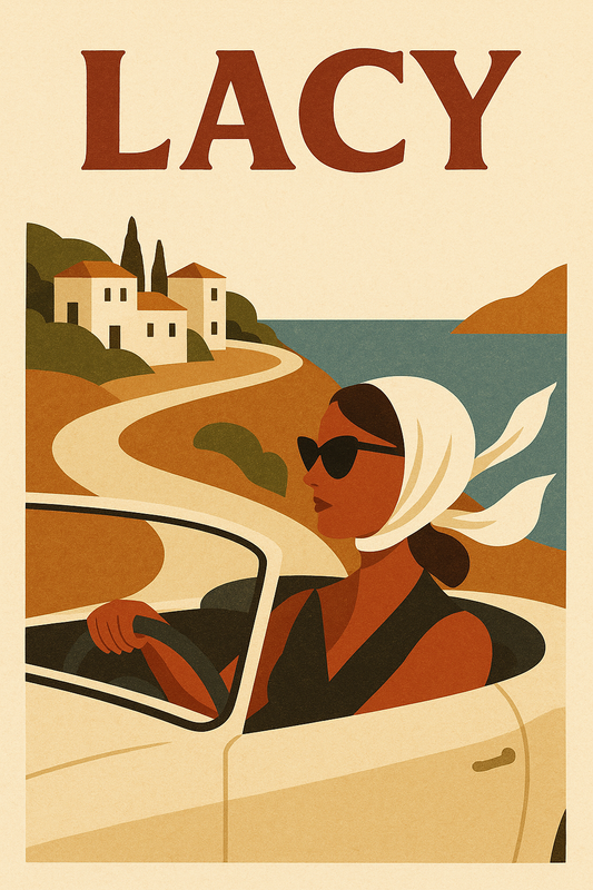 🧣 “LACY: Coastal Dream Drive” – Vintage Art Print