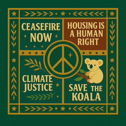 Political graphic with koala, peace symbol, and text on a green background