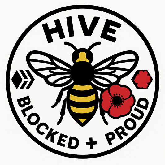 Logo with a bee and flowers, featuring the text 'HIVE Blocked + Proud' on a white background.
