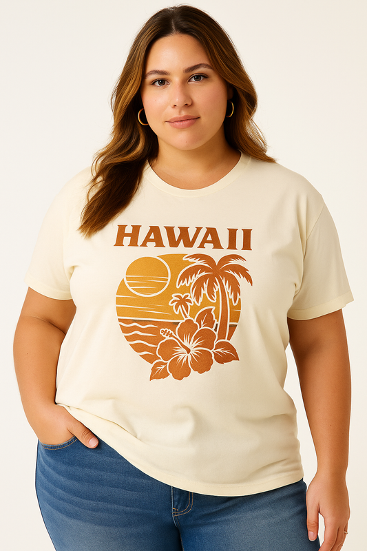🌺 Hawaii Retro Sunset Tee – Cream Crew Neck 3XL