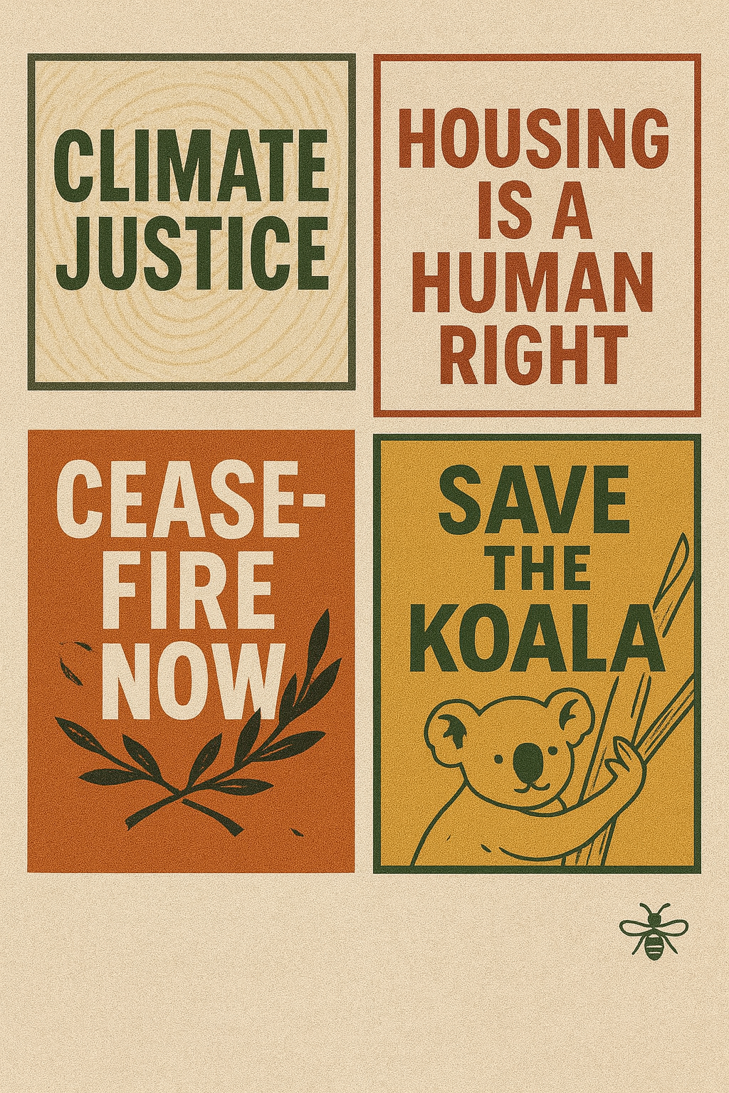 Square protest sticker featuring four bold slogans: ‘Climate Justice,’ ‘Ceasefire Now,’ ‘Save the Koala,’ and ‘Housing Is a Human Right.’ Designed by Hive Homewares for laptops, water bottles, and everyday resistance.
