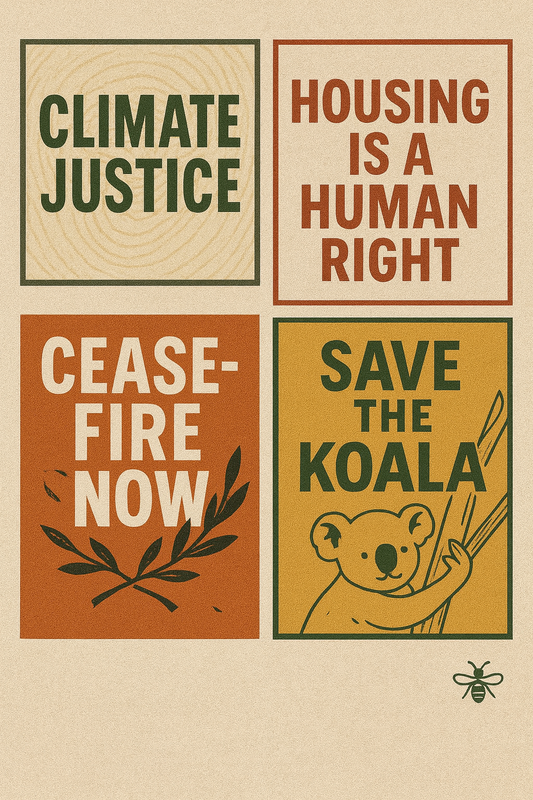 Square protest sticker featuring four bold slogans: ‘Climate Justice,’ ‘Ceasefire Now,’ ‘Save the Koala,’ and ‘Housing Is a Human Right.’ Designed by Hive Homewares for laptops, water bottles, and everyday resistance.