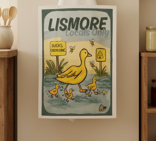 Linen Tea Towel. Lismore ‘Locals Only’ ducks crossing