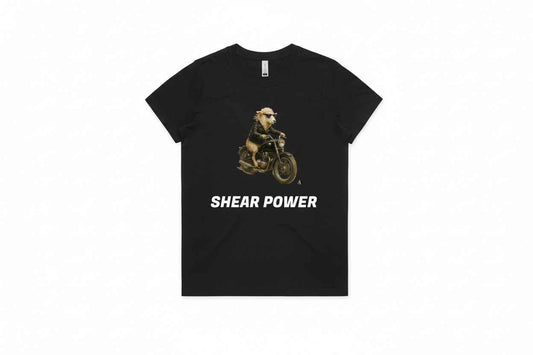 Shear Power. Biker Sheep tee. Organic cotton. Women’s S-2XL