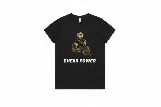 Black t-shirt with a graphic of a bear on a motorcycle and 'Shear Power' text on a gray background