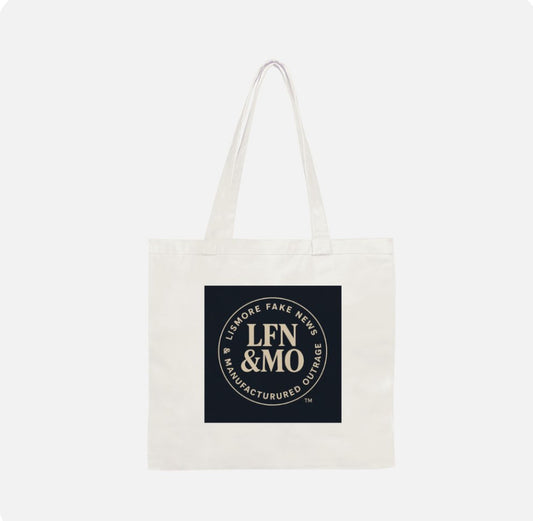 White tote bag with black and gold logo on a white background