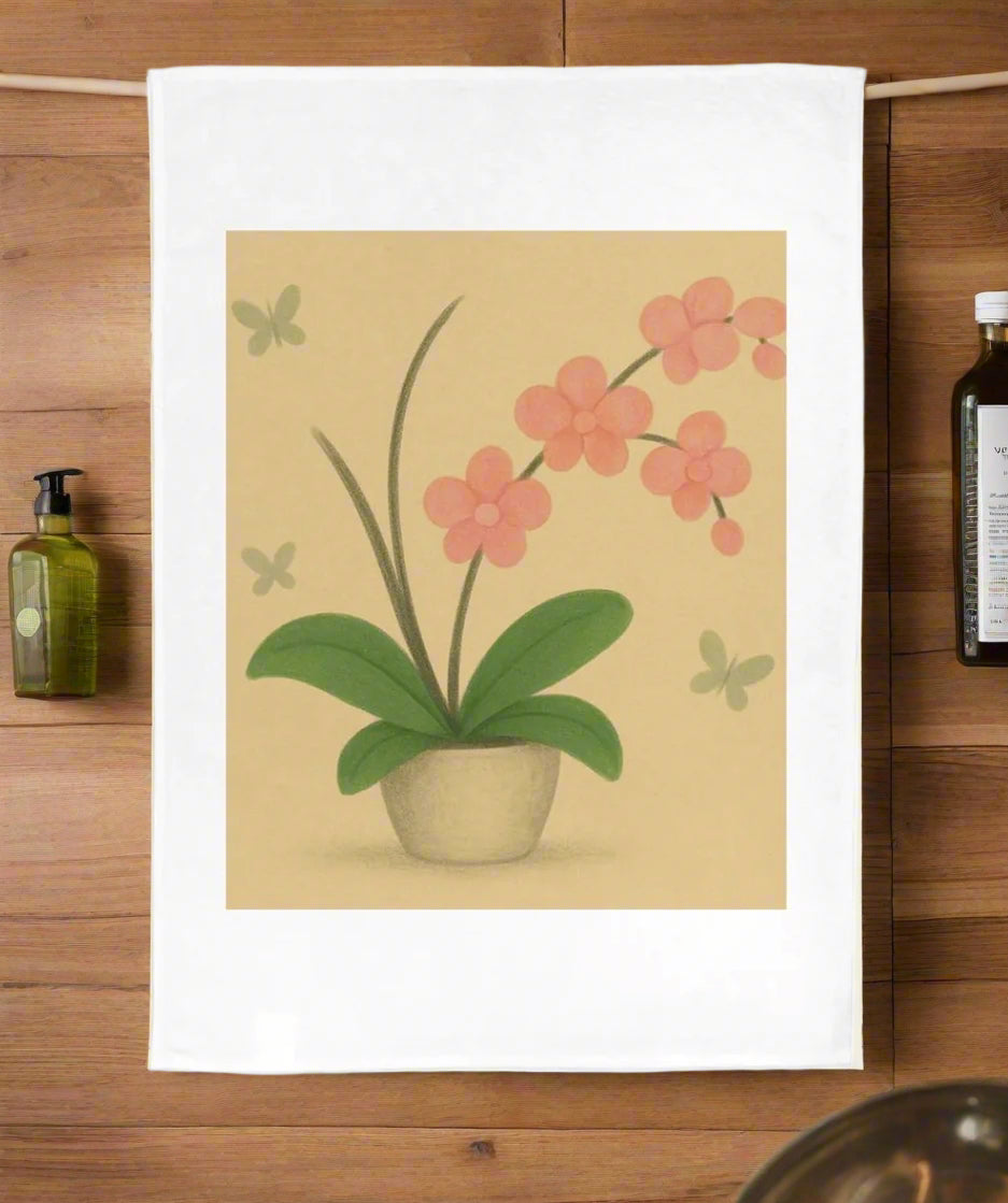 Tea towel with a floral design on a wooden surface