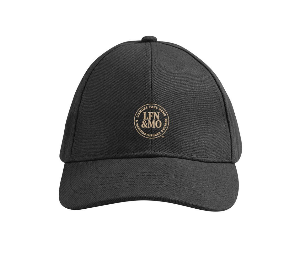 A black baseball cap with an embroidered logo 'LFN&MO' on the front.