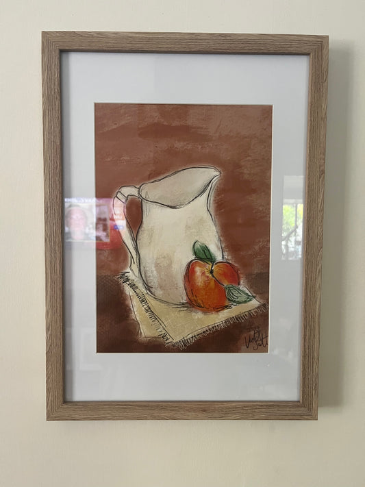 Jug and Peach Art Print - A4 Fine Art Print. Framed