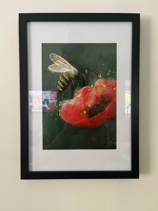 Bee and Poppy Fine Art Print by Violet & Salt. Framed.