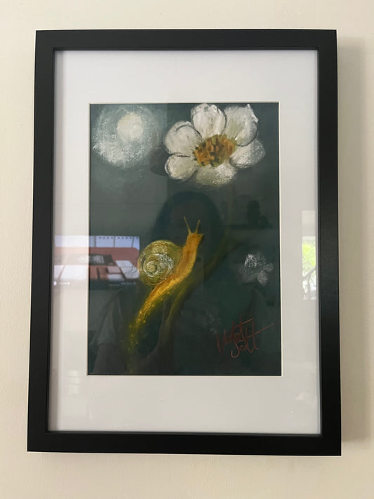 Moonlit Climb Art - Enchanting Snail & Daisy Design. Framed