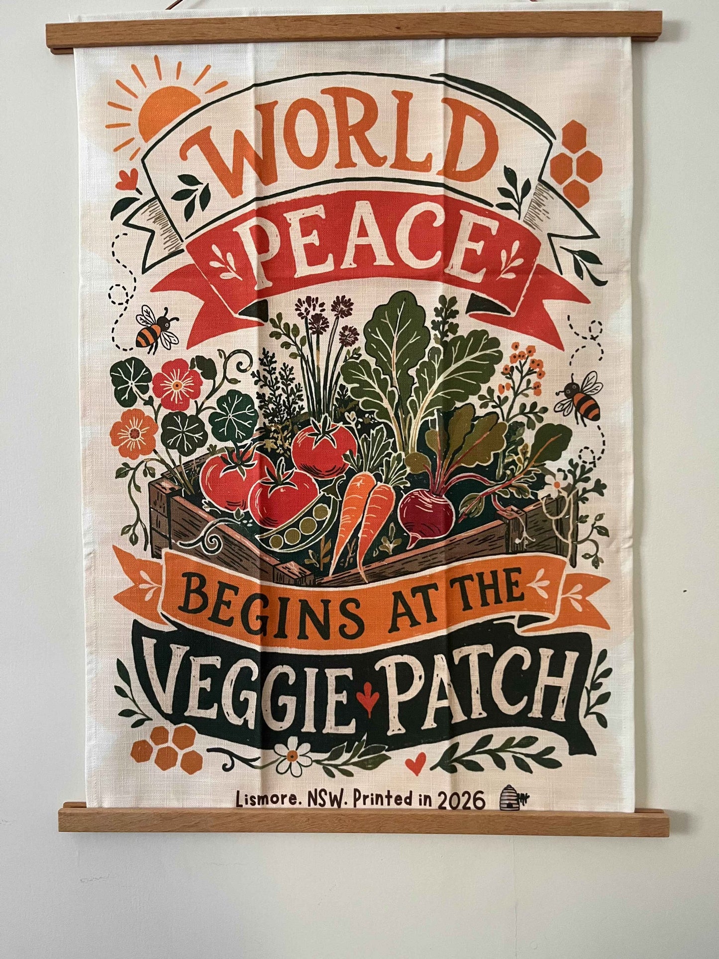 Linen tea towel. World Peace begins at the veggie patch