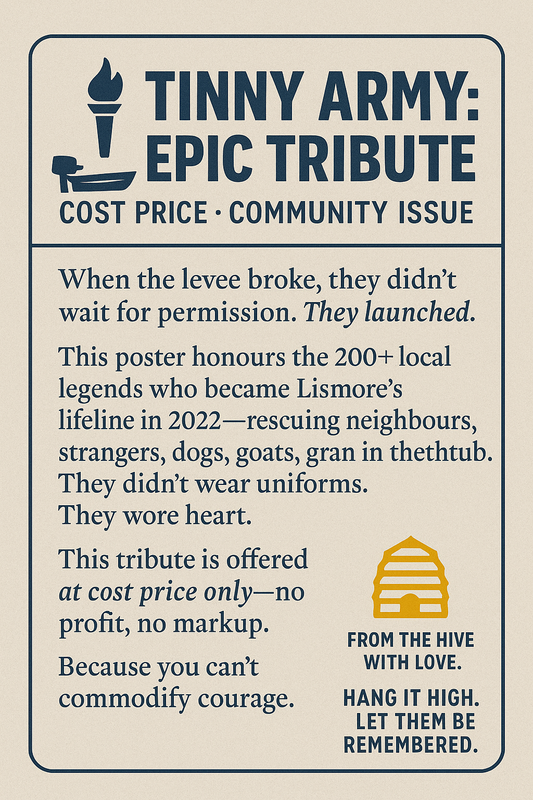 🚤 TINNY ARMY: EPIC TRIBUTE
🌊 Lismore didn’t wait for permission. It launched boats. Available for cost price only, no mark up.