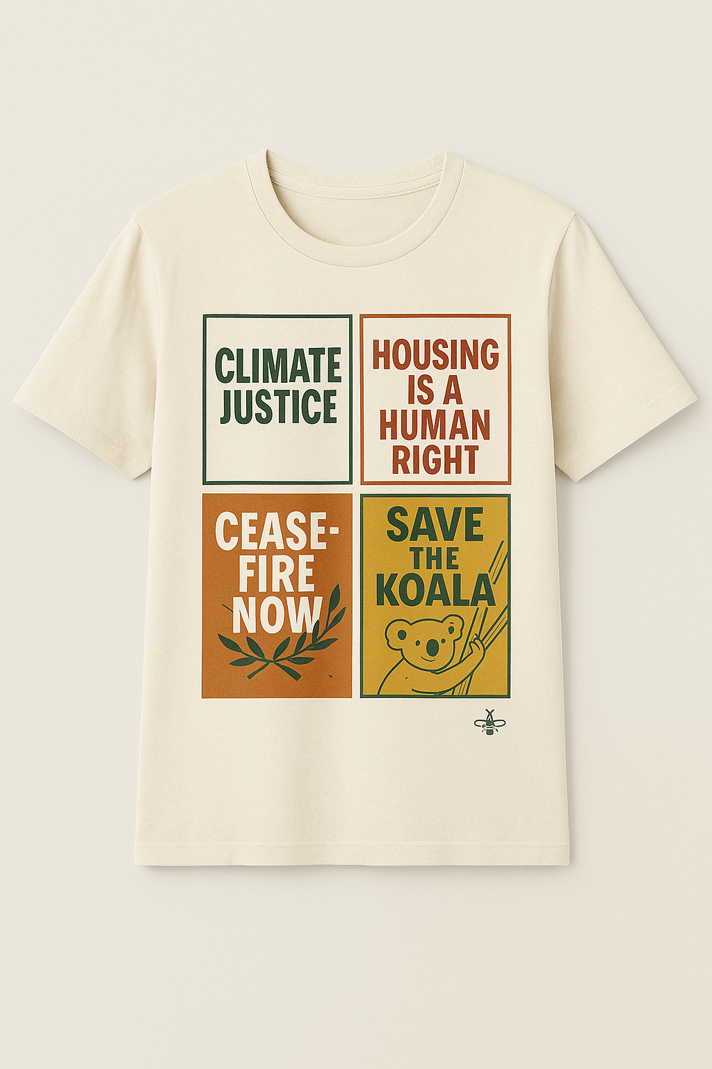 Black protest t-shirt printed with activist slogans including ‘Climate Justice,’ ‘Ceasefire Now,’ and ‘Housing Is a Human Right.’ Ethically made by Hive Homewares for everyday resistance and radical comfort