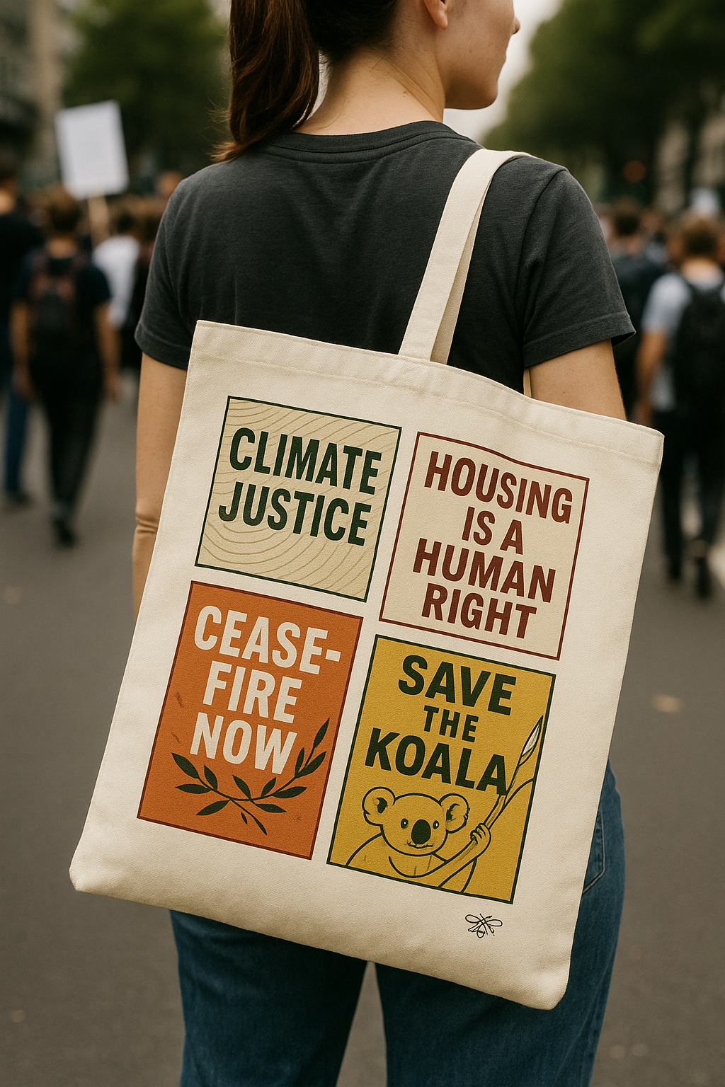 Canvas protest tote bag printed with slogans like ‘Save the Koala,’ ‘Ceasefire Now,’ and ‘Housing Is a Human Right.’ A practical carry-all from Hive Homewares, made for marches, markets, and making noise