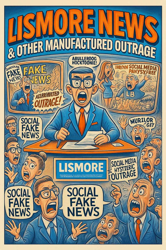 📰 “LISMORE NEWS & Other Manufactured Outrage” – Vintage Satire Poster