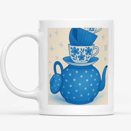 White mug with a blue teapot and floral design on a beige background