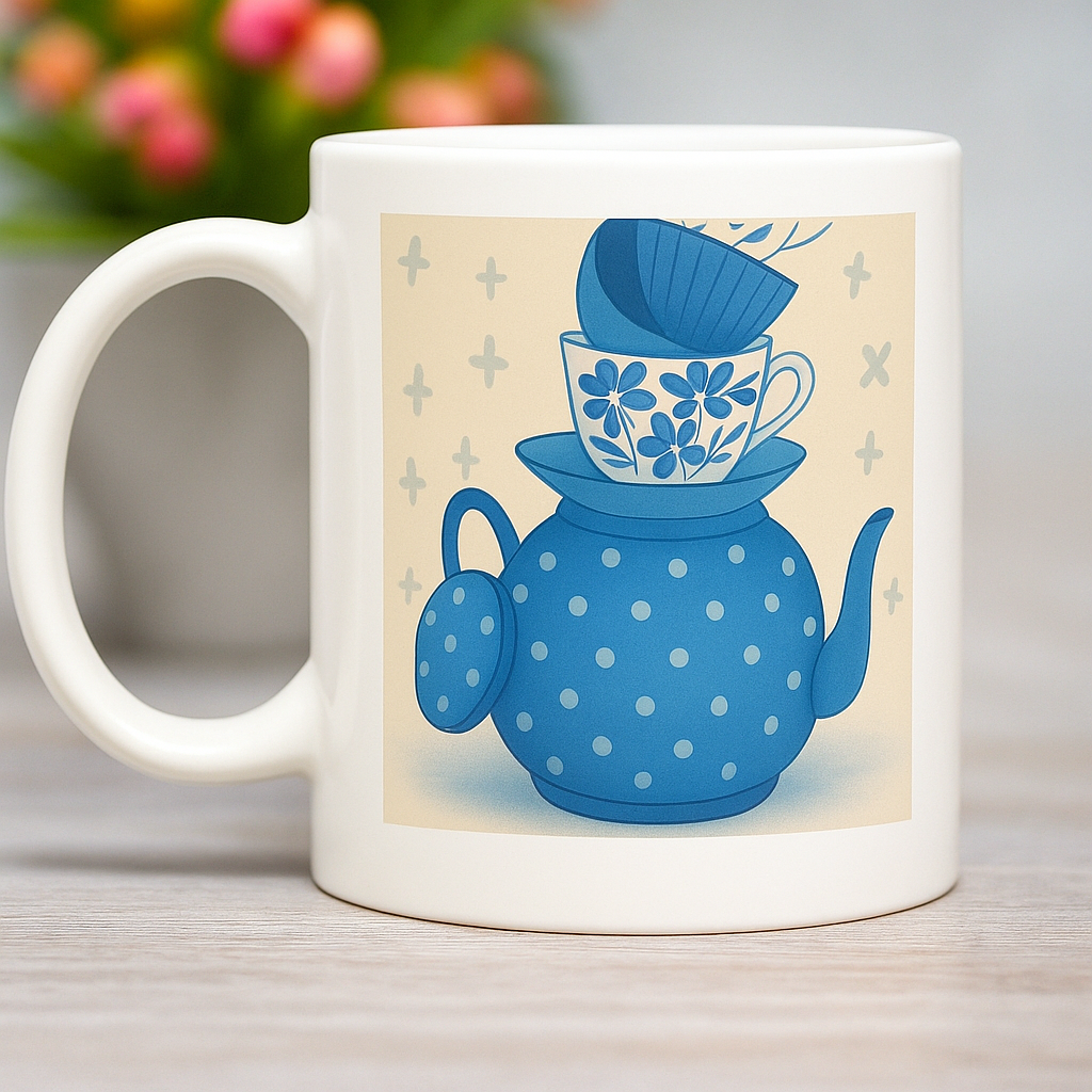White mug with a blue teapot and cup design on a beige background