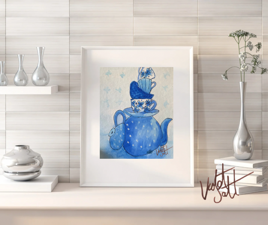 Framed artwork of a blue teapot with teacups on a shelf with decorative vases.