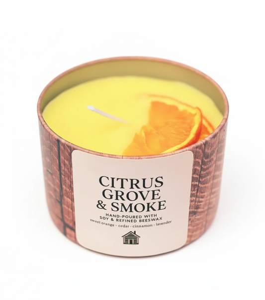 CITRUS GROVE & SMOKE
Fragrance profile: Sweet Orange · Cedar · Cinnamon · Lavender
Hand-poured with soy & refined beeswax