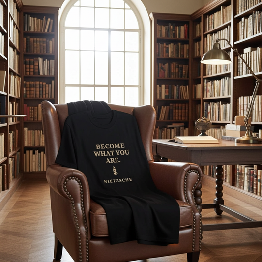 Nietzsche Quote Shirt in a library chair
