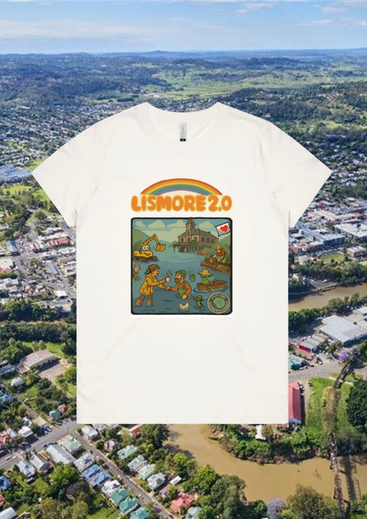 White t-shirt with a graphic design over an aerial view of a town. Lismore