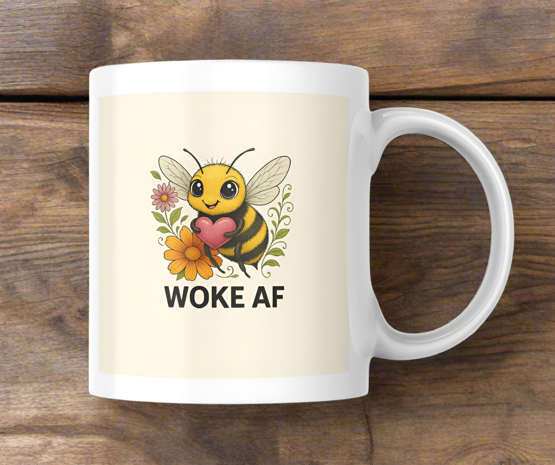 Mug with a bee design and text 'Woke AF' on a beige background