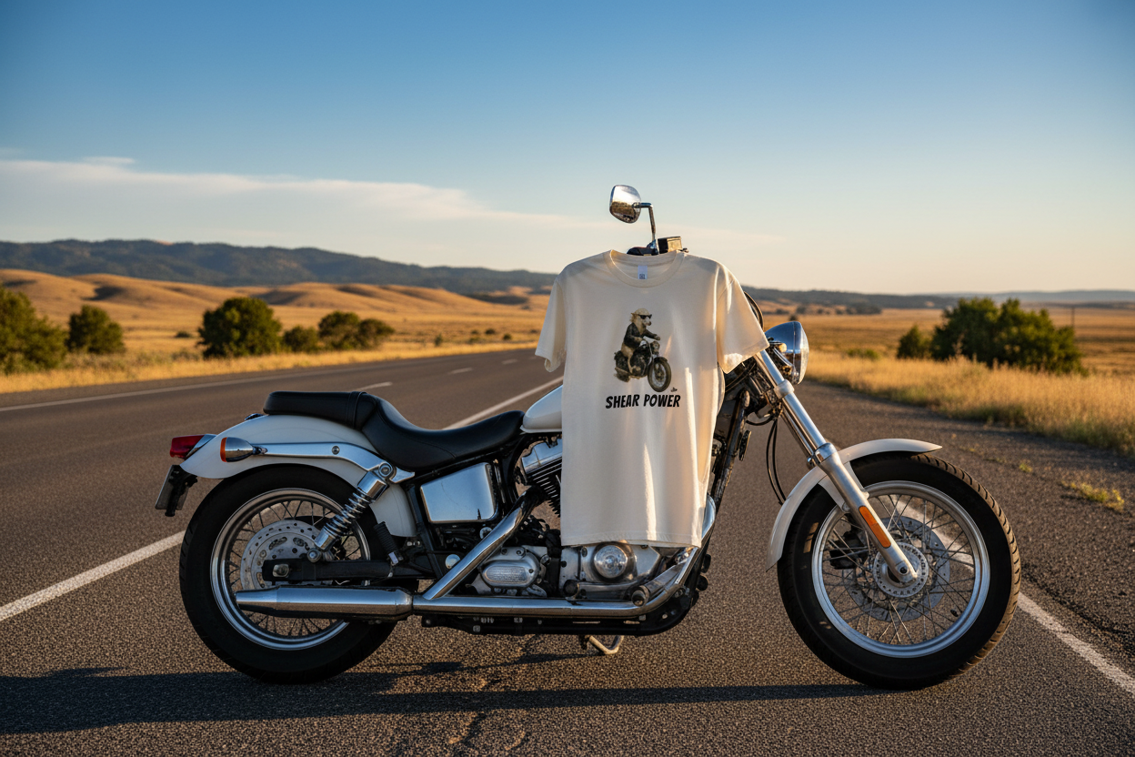 Shear Power Biker Sheep. Organic Cotton Tshirt. Mens S-3XL