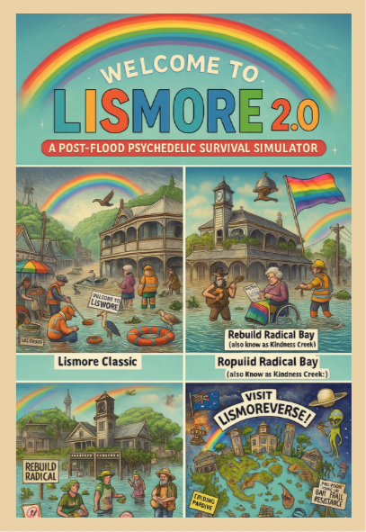 Cover of 'Welcome to Lismore 2.0' with colorful illustrations and text.