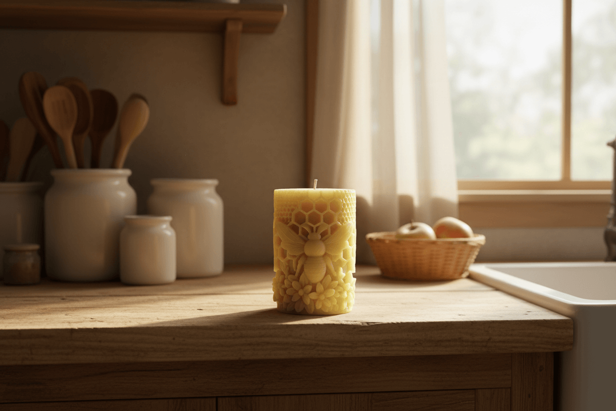 Beeswax pillar candle on rustic kitchen counter