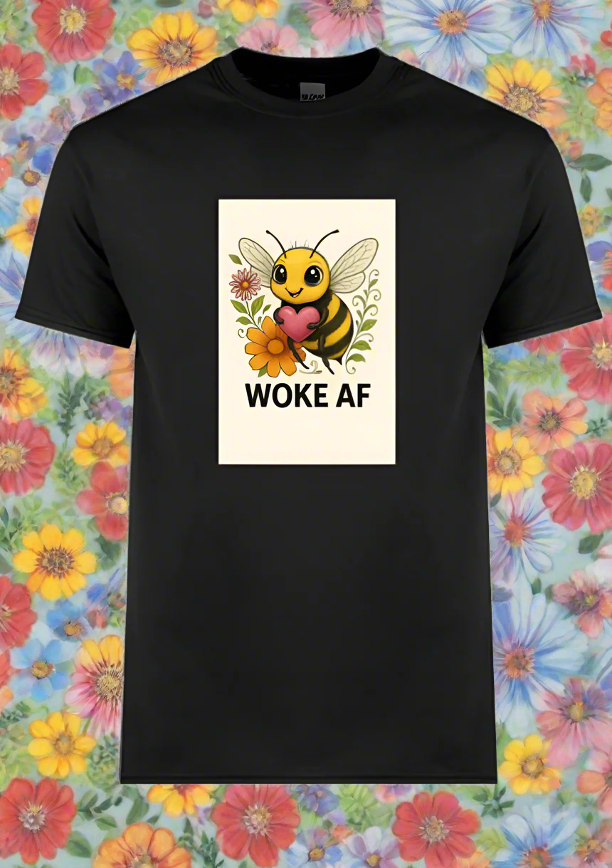 Black t-shirt with a bee graphic and 'WOKE AF' text on a floral background
