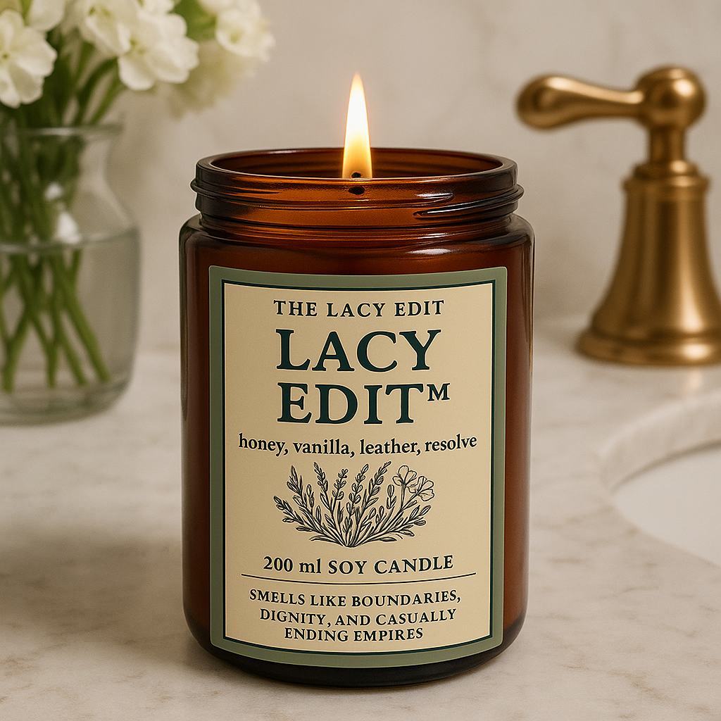 Lacy Edit candle with label on a marble surface with a vase of flowers and faucet in the background