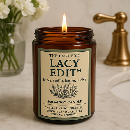 Lacy Edit candle with label on a marble surface with a vase of flowers and faucet in the background