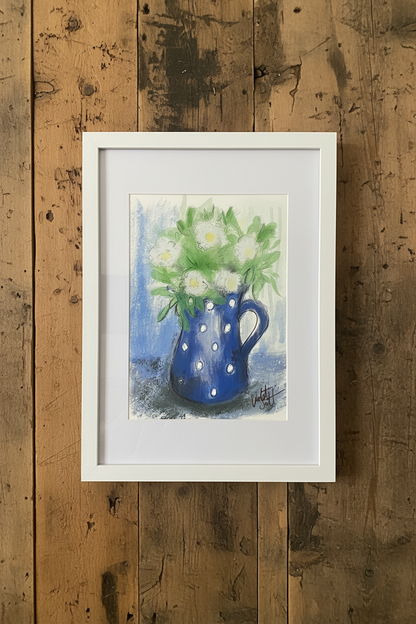 Blue Jug and Daisies Art Print for Charming Home Decor