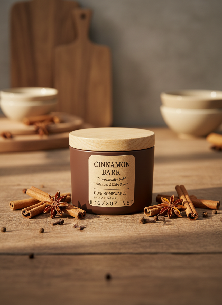 Cinnamon bark candle on rustic table with spices