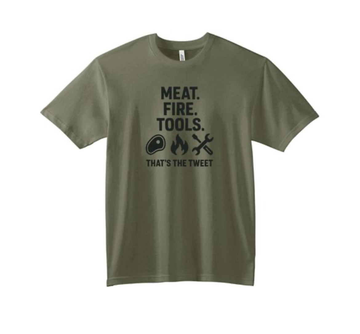 Green t-shirt with black text and graphics on a white background