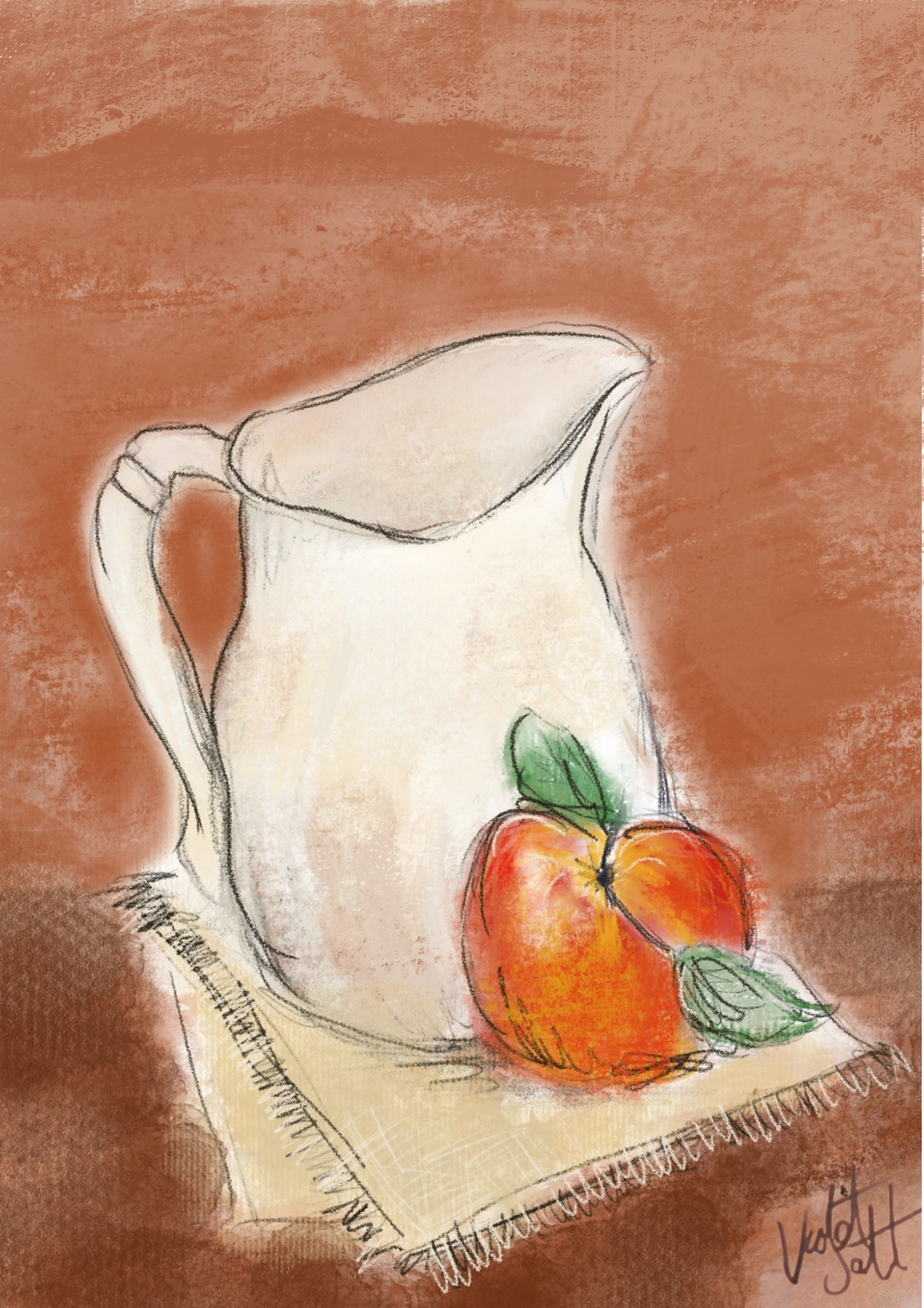 Jug and Peach Art Print - A4 Fine Art Print. Framed