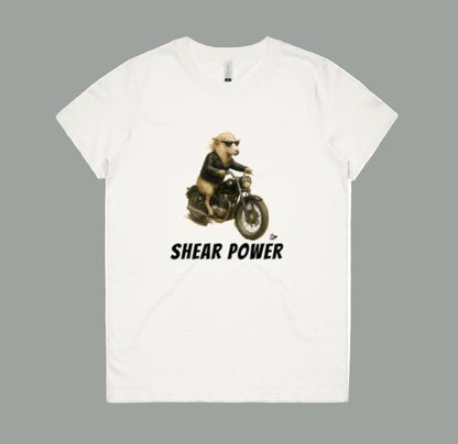 White t-shirt with a graphic of a sheep on a motorcycle and 'Shear Power' text on a white background