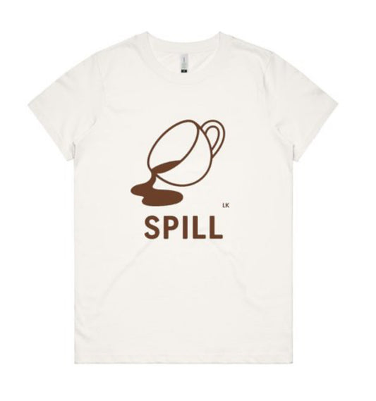 White t-shirt with brown graphic and 'SPILL' text on a white background