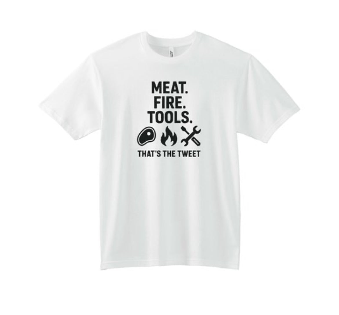 White t-shirt with black text and icons on a white background