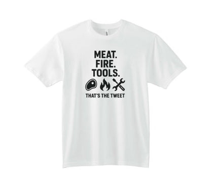 White t-shirt with black text and icons on a white background