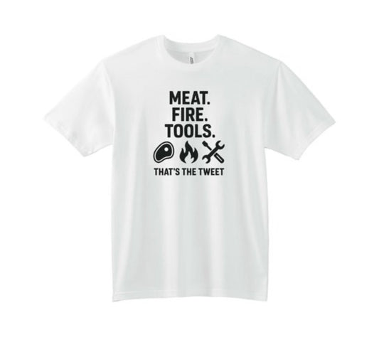 White t-shirt with black text and icons on a white background