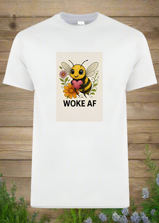 White t-shirt with a graphic of a bee holding a heart and flowers, with 'Woke AF' text, on a white background.