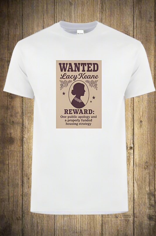 White tshirt. Wanted poster. Lacy Keane