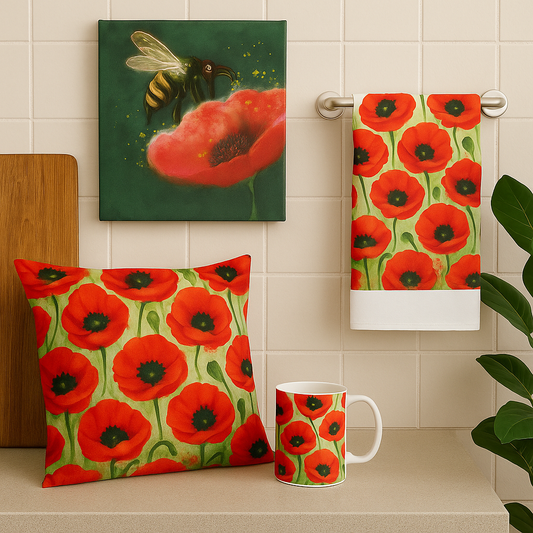 Decorative pillow, mug, and towel with red poppy design on a tiled wall background